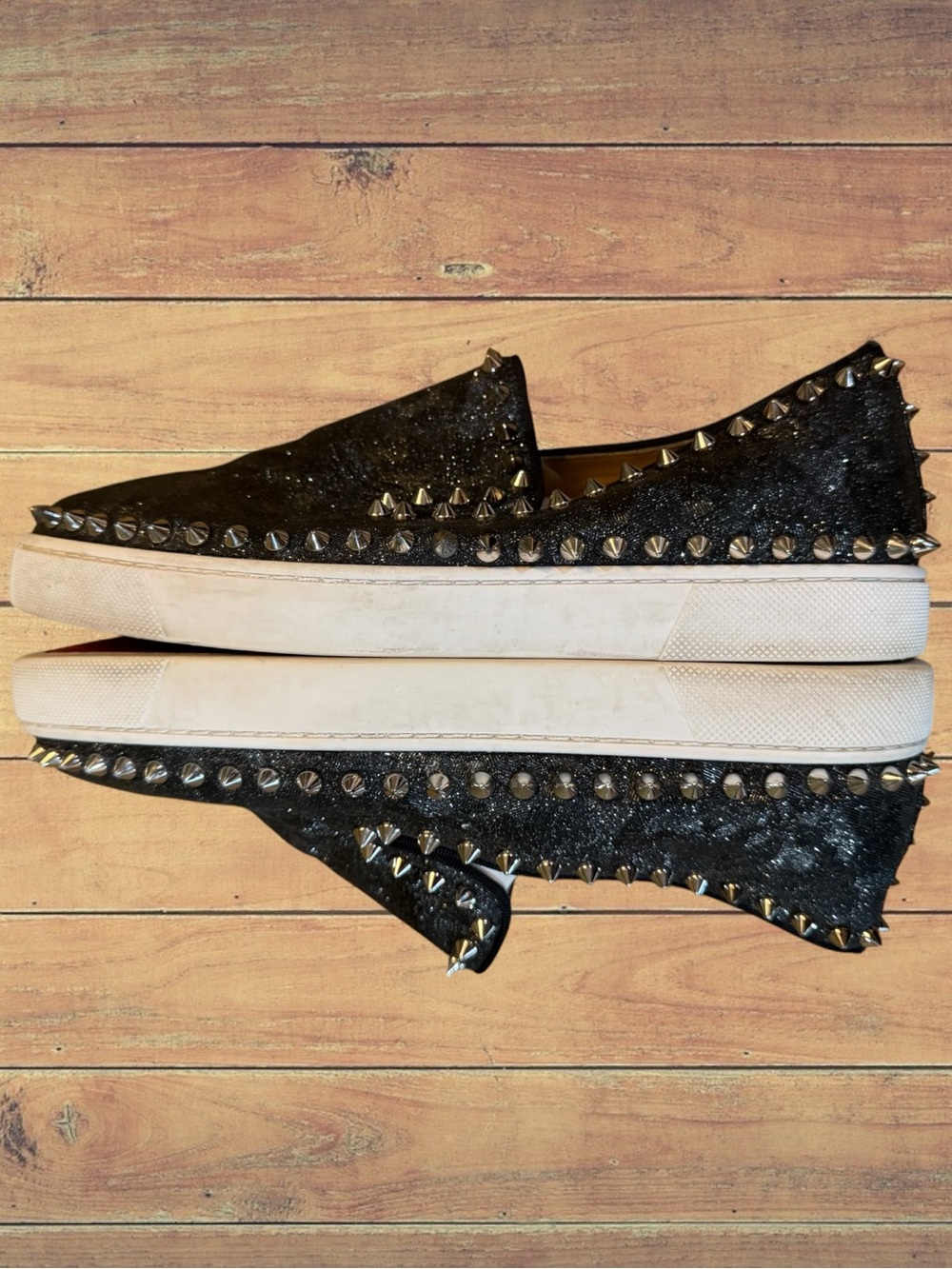 Christian Louboutin Authentic Pik Boat Spiked Black Glitter Slip On Sneakers - Picture 9 of 16